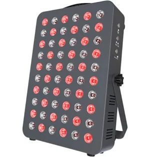 Red light therapy panel with red and white LEDs, dark gray casing, and adjustable stand.