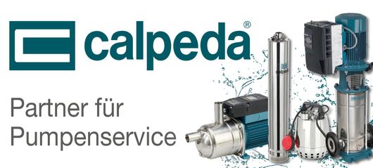 Ein Calpeda-Logo mit einer Reihe von Pumps darauf