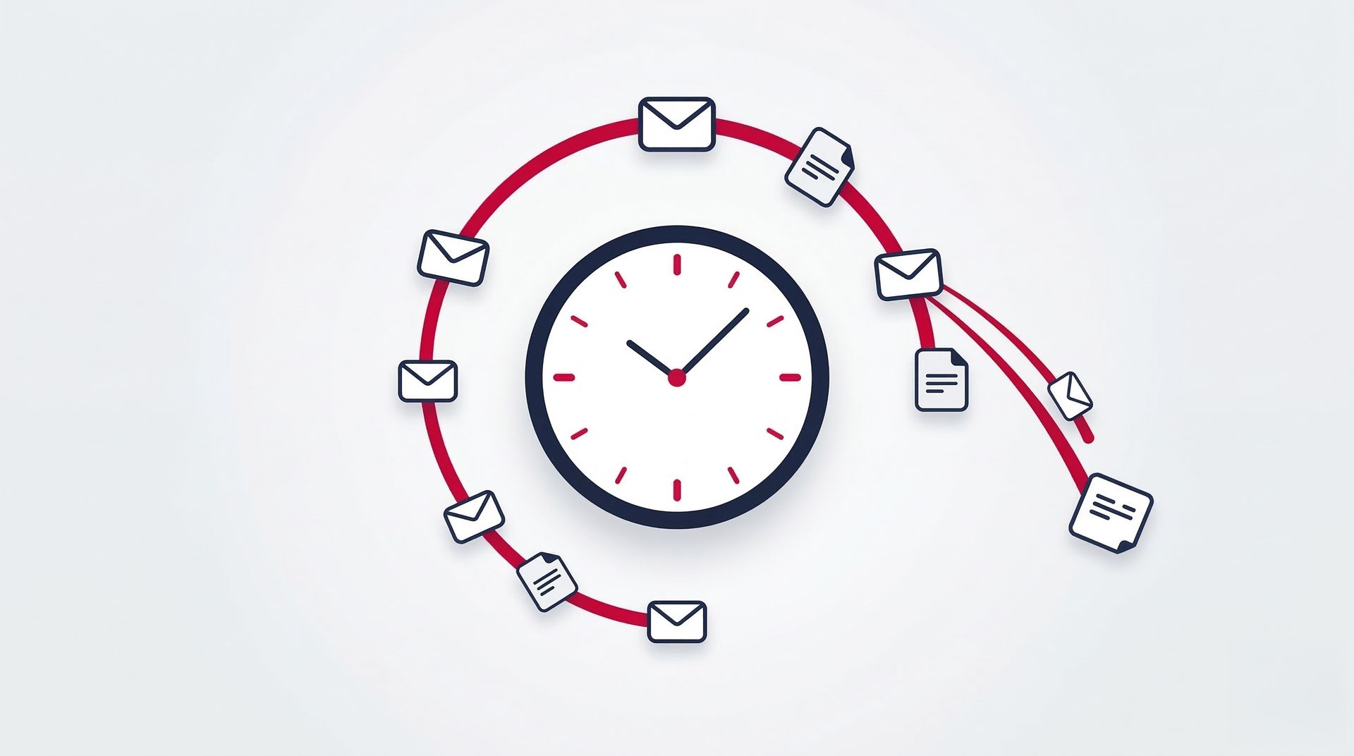 Minimalist clock face with envelope shapes flowing along curved delivery path