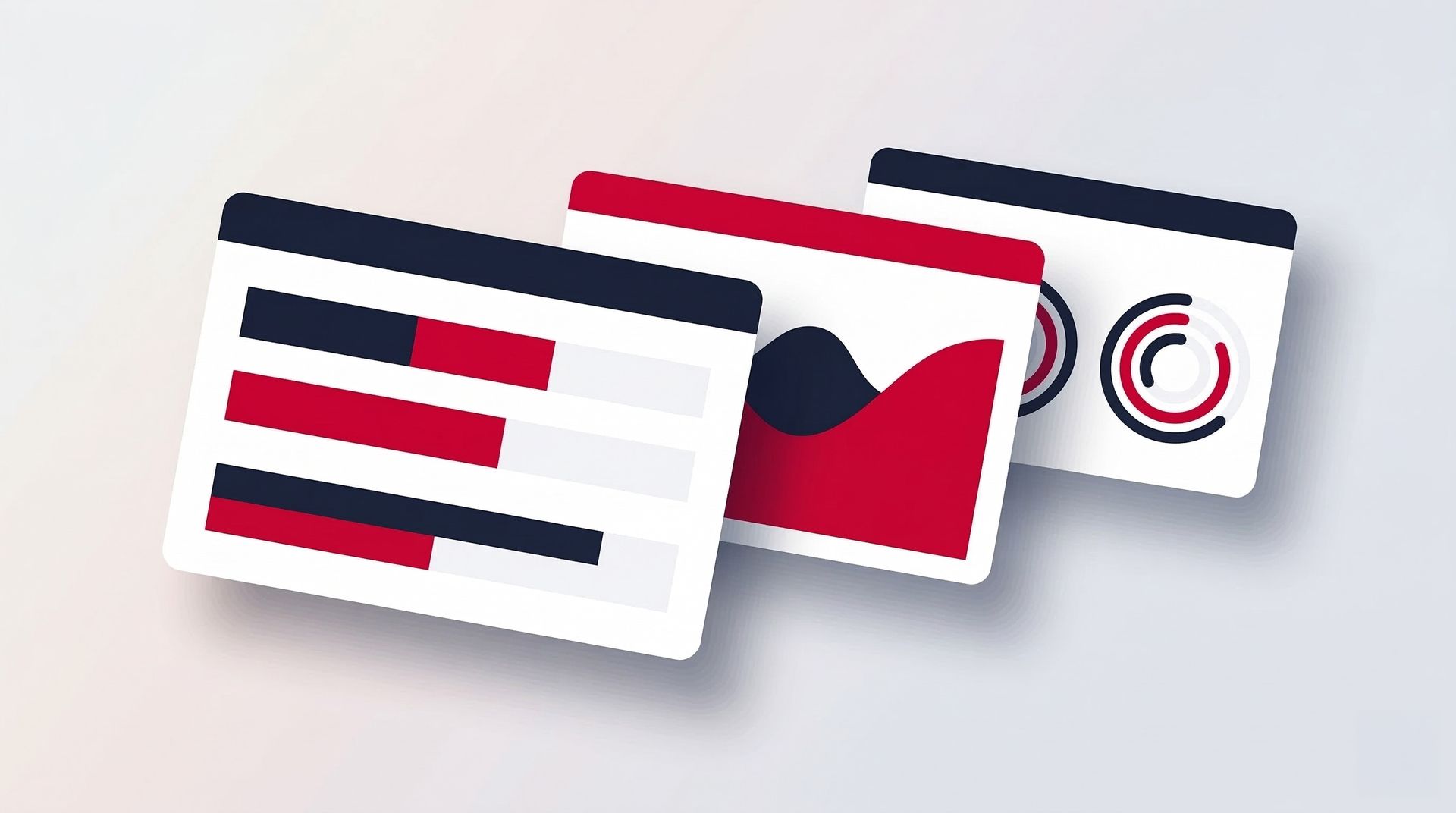 Three floating dashboard cards with abstract charts overlapping on light background