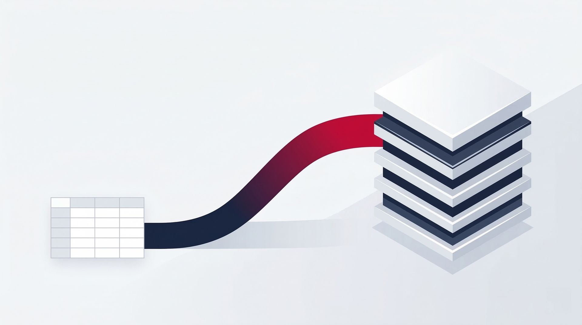 Simple grid connected by curved path to complex layered data structure