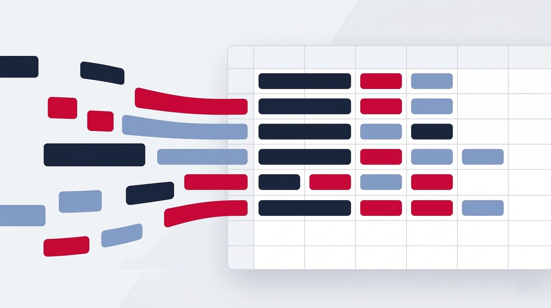 Colored data blocks flowing into clean spreadsheet grid from left to right