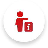 Red person with hand on info box, in a white circle.