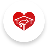 Red heart with house silhouette, a hand holding a cane inside, white background.