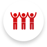 Three red stick figures holding hands in a circle, arms raised in celebration, on a white background.