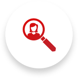 Red magnifying glass over a woman's silhouette on a white circle.