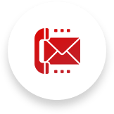 Red phone and envelope icon on a white circle, representing contact options.