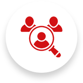 Red icon with three people, one under a magnifying glass, on a white circle.