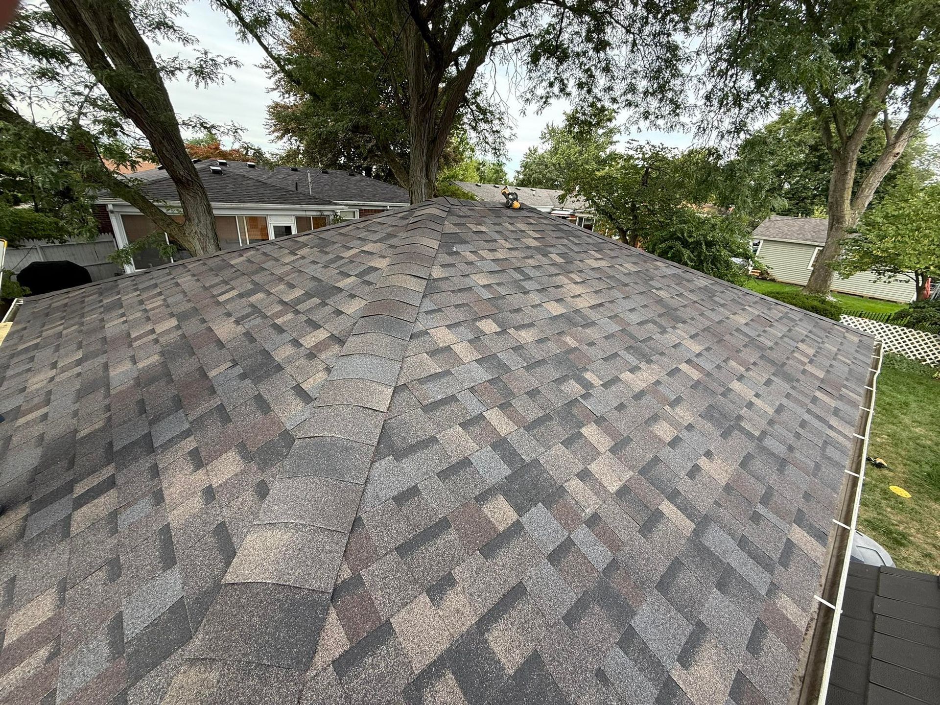 Overhead view of a roof with brown and gray shingles surrounded by tree branches and green lawn.