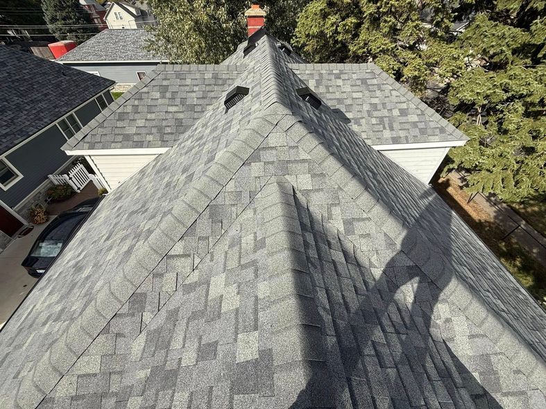 Gray shingle roof, aerial view. Two holes near the peak, other houses and trees in the background.