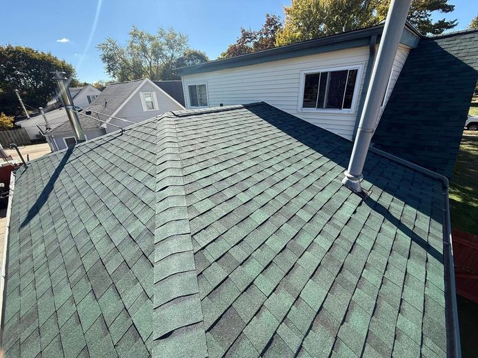 Green shingled roof with a chimney and surrounding houses on a sunny day.