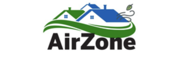AirZone logo featuring a house with wind swirls and a leaf.