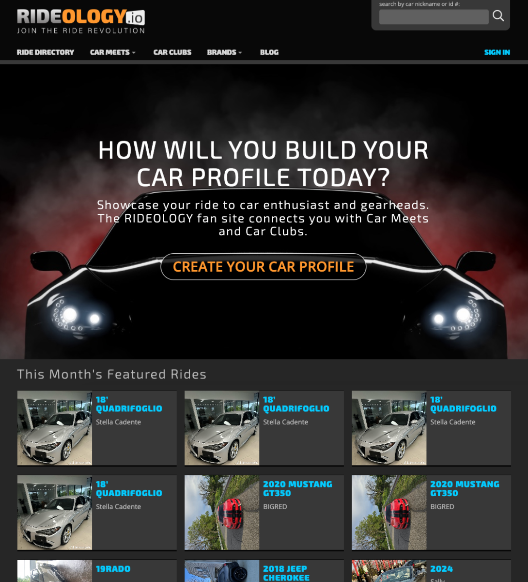 A black sports car and car enthusiast directory from Rideology.io