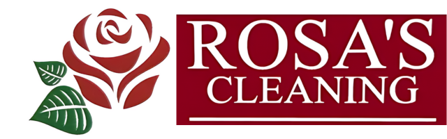A logo for Rosa 's Cleaning with a rose and leaves