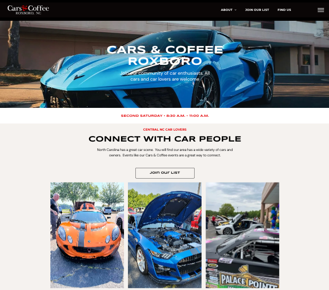 A blue sports car is on the homepage of cars & coffee roxboro