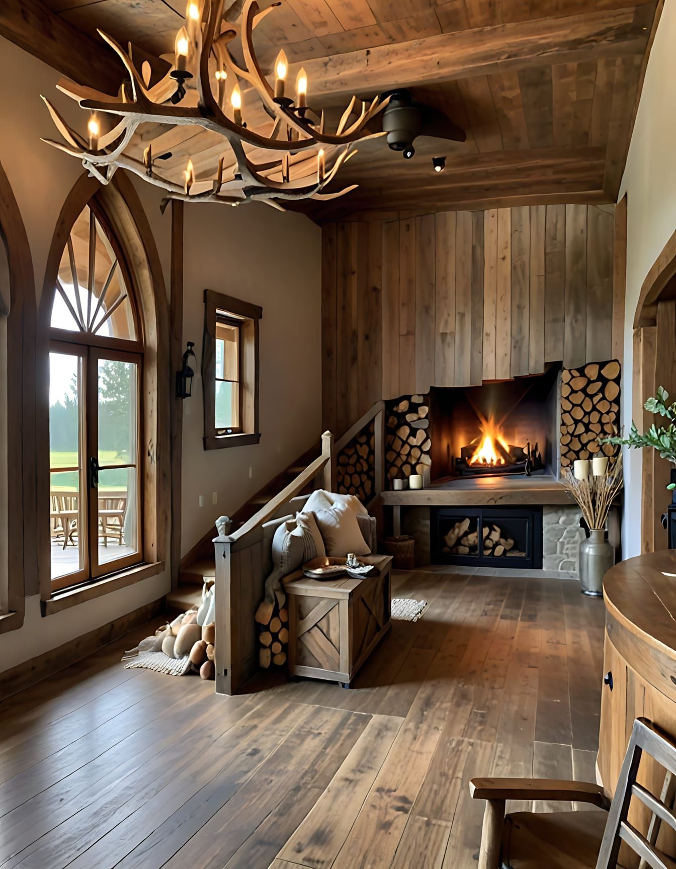 Salon rustique avec lustre en bois de cerf, cheminée, lambris et grandes fenêtres.