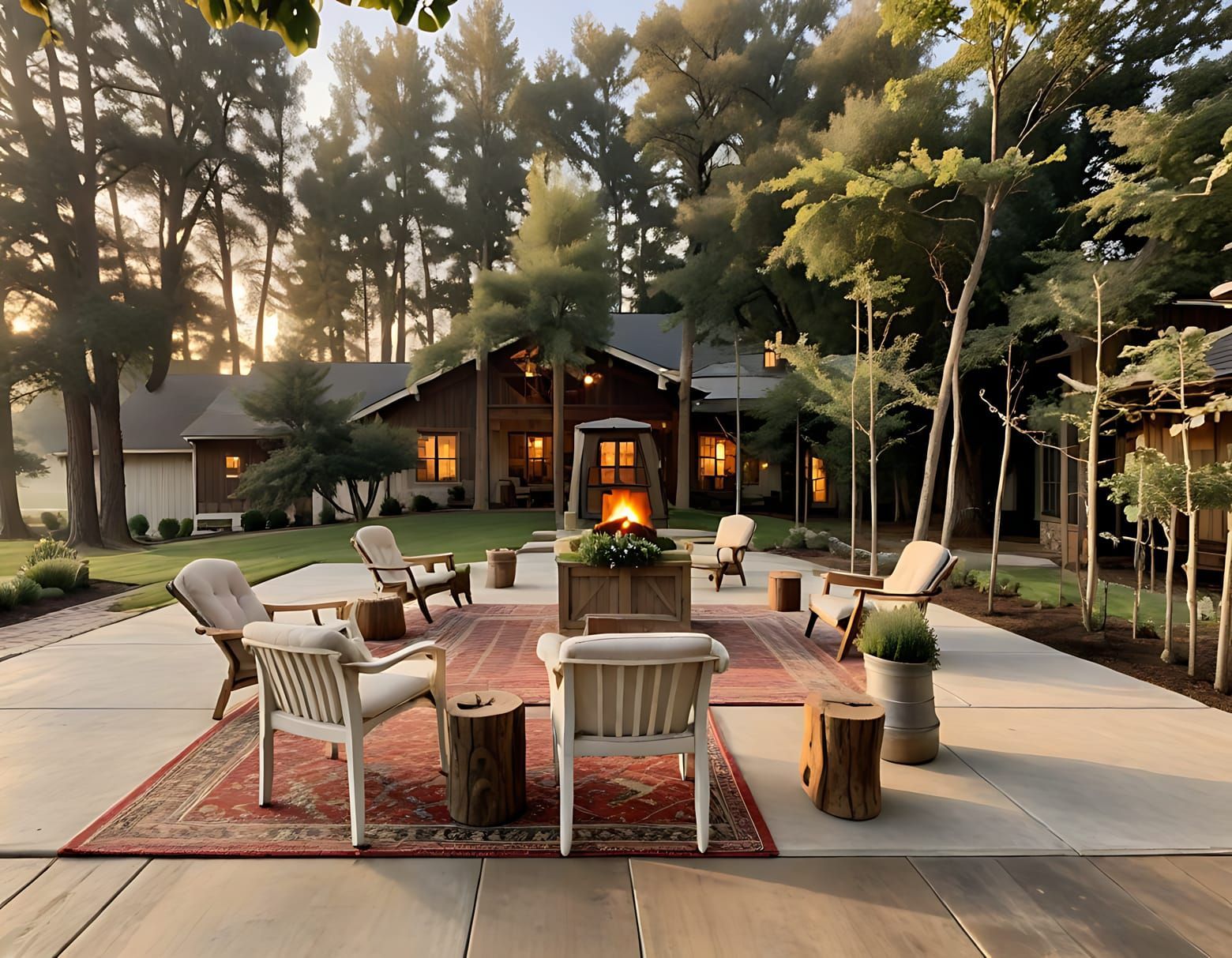 Terrasse avec foyer, chaises et tapis devant une maison, entourée d'arbres.