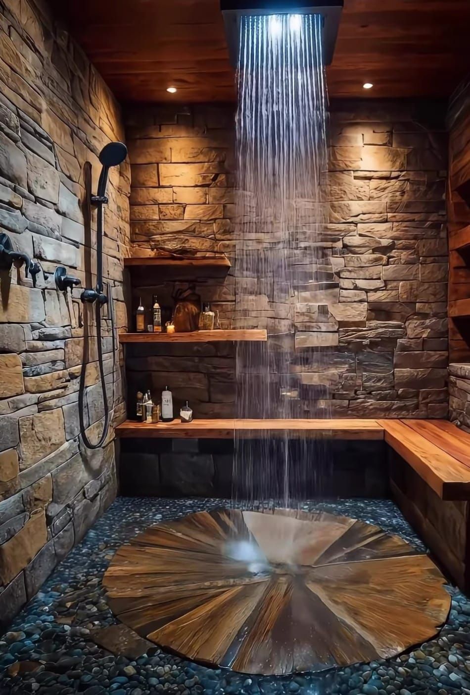 Douche en pierre avec banc et sol en bois, pommeau de douche de tête.