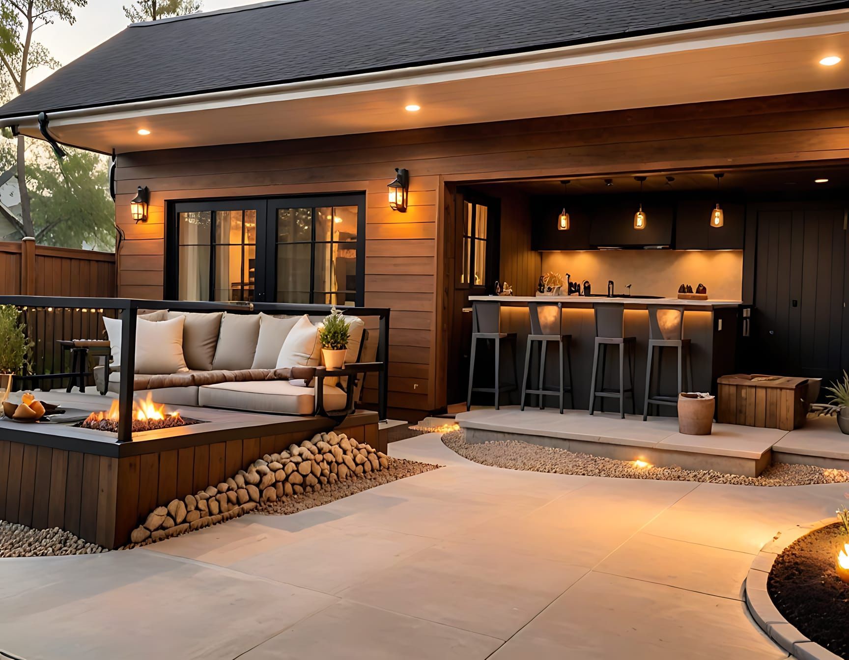 Terrasse extérieure avec foyer, bar avec tabourets et coin salon éclairé par des lumières chaudes.