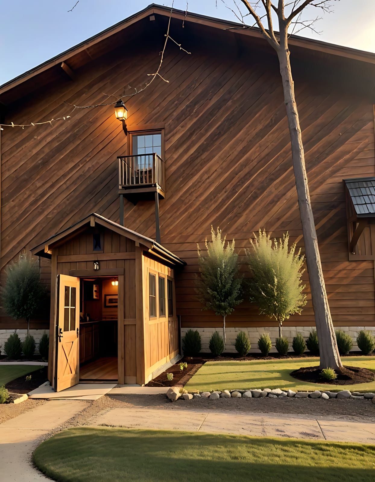 Bâtiment en bois avec un petit porche et un balcon, avec une allée sur la pelouse.