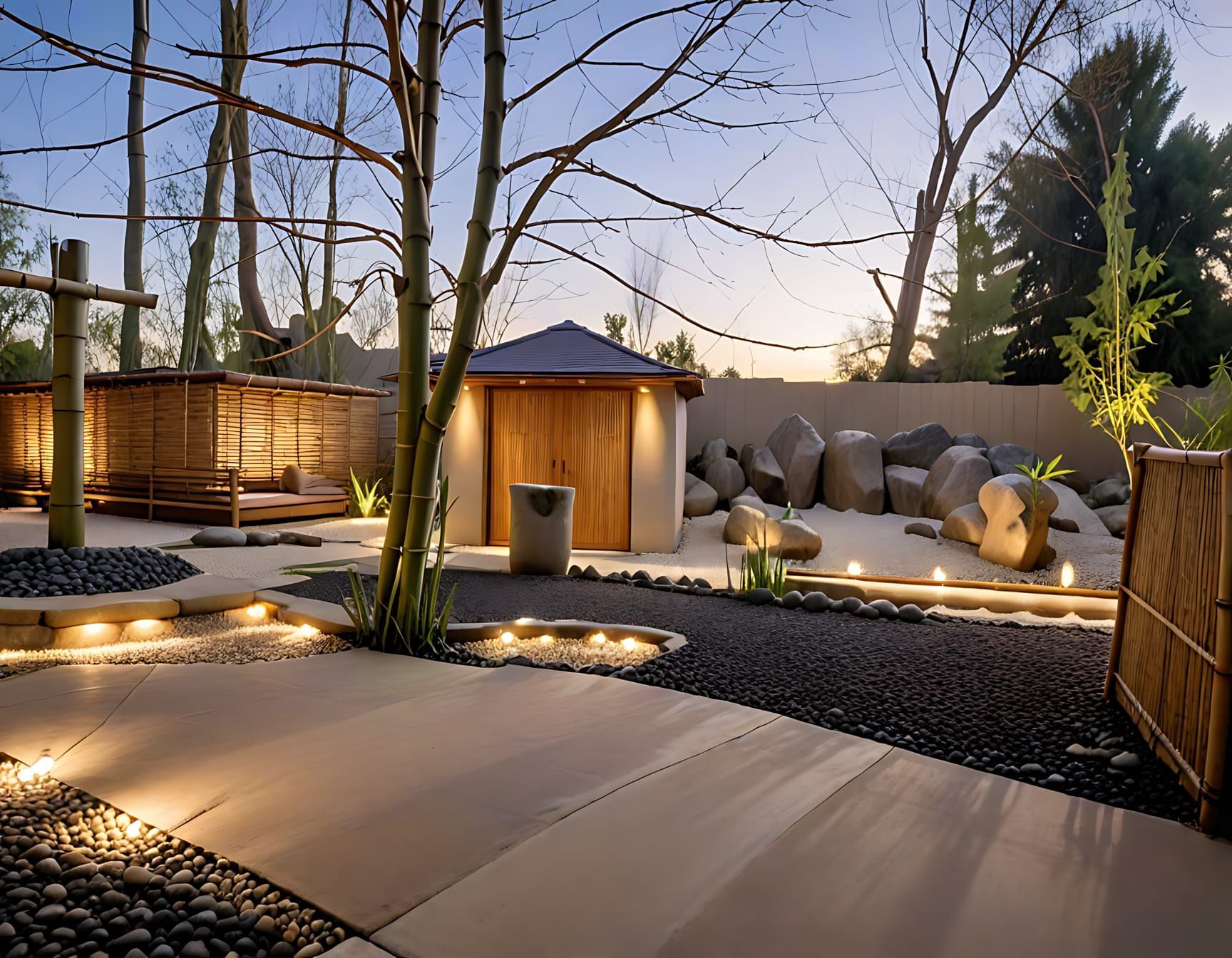 Jardin japonais avec allée, kiosque, rochers et éclairage extérieur au crépuscule.