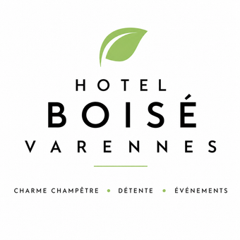 Logo pour l'Hôtel Varennes, éco-hôtel : texte avec un symbole de feuille verte.