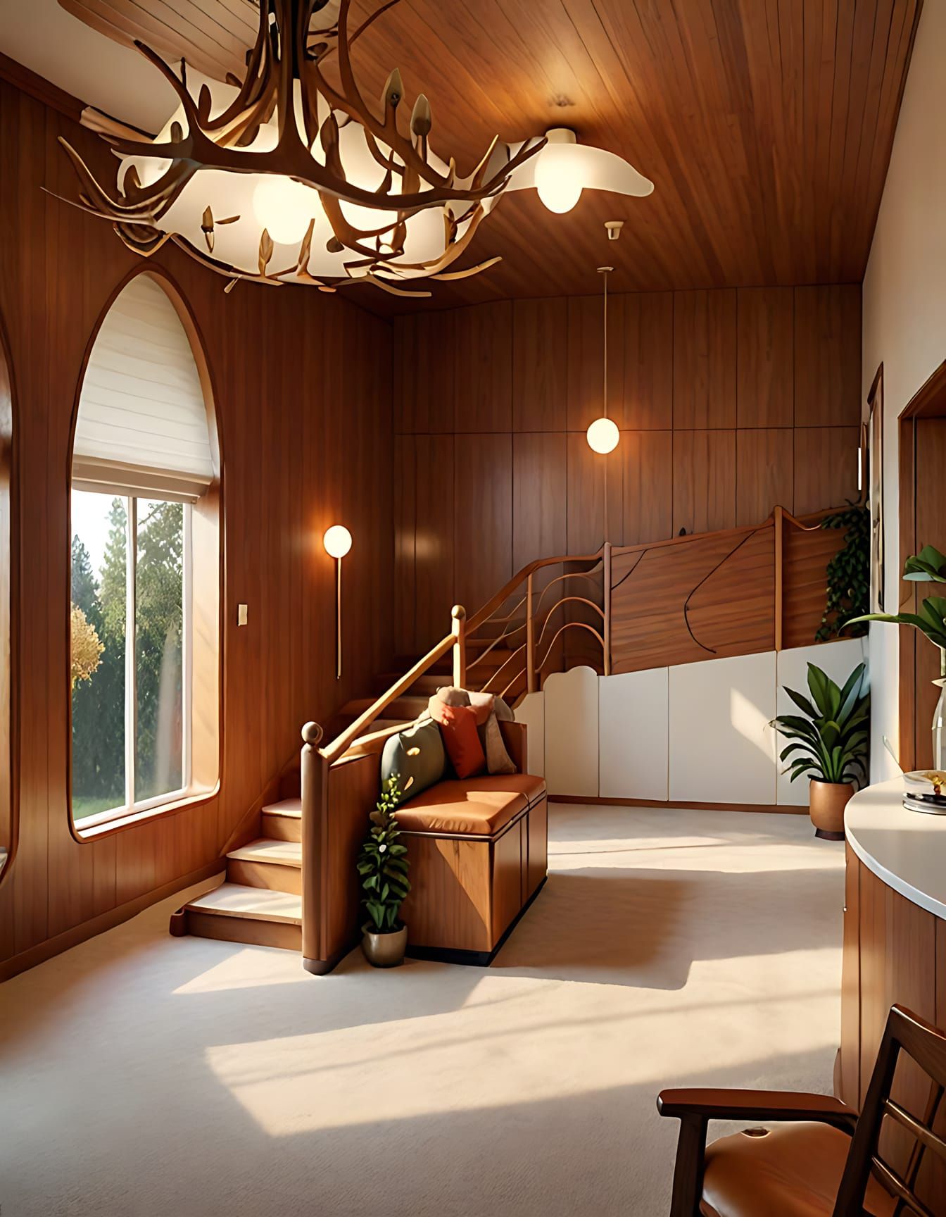 Un hall d'entrée lambrissé avec un escalier, une grande fenêtre et une banquette. Un éclairage chaleureux et une plante contribuent à rendre l'espace accueillant.