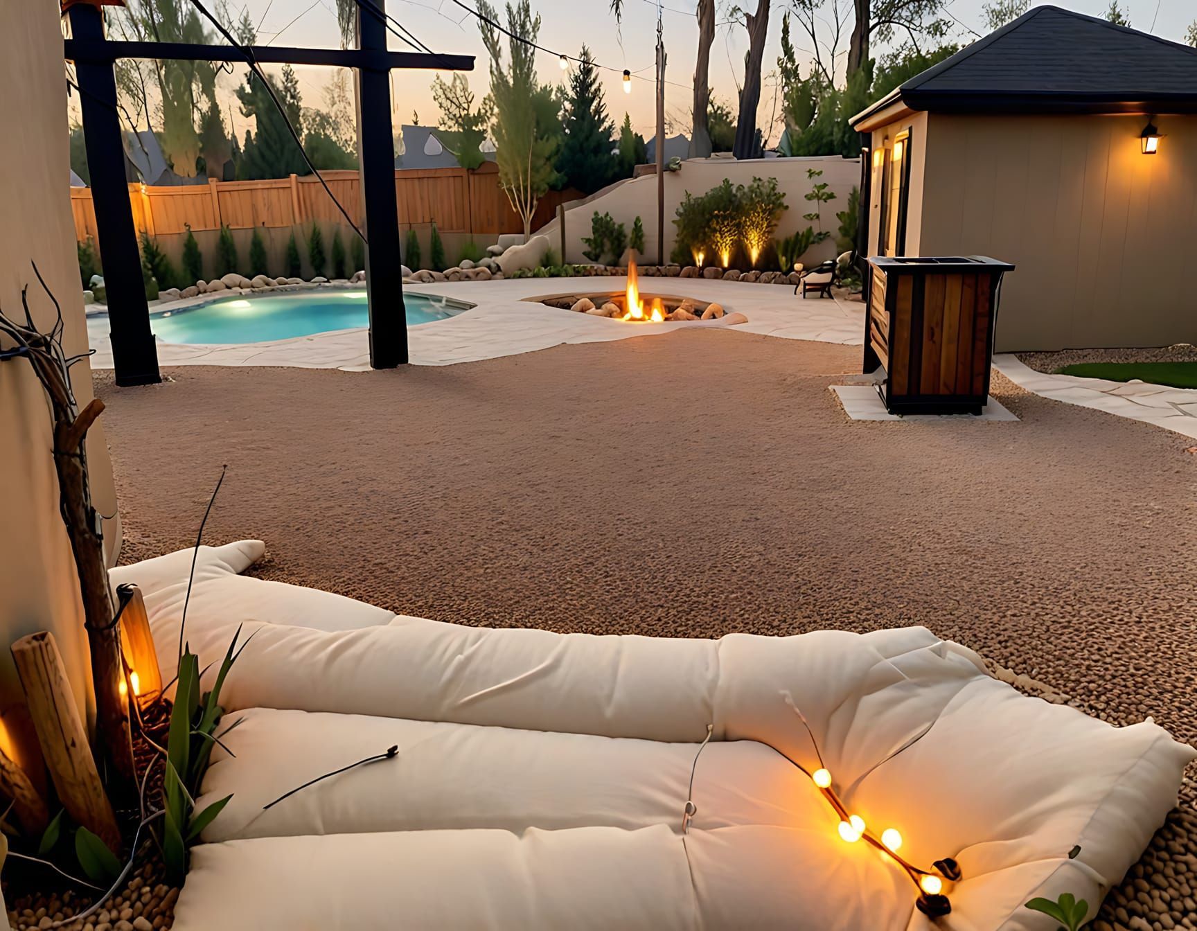 Jardin avec piscine, foyer extérieur et coin salon. Sol en gravier beige, éclairage chaleureux et petite cabane.