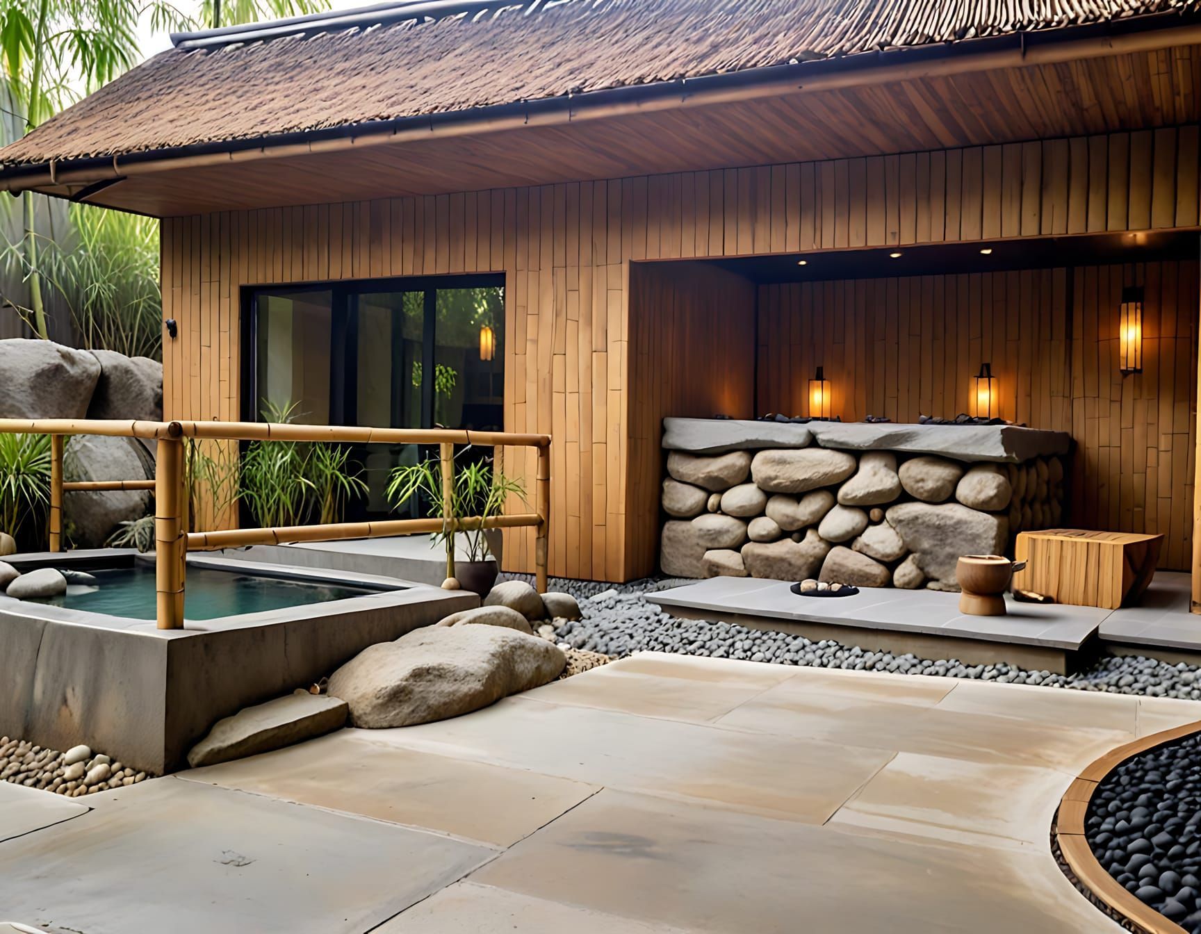 Espace spa extérieur avec bain à remous en pierre, clôture en bambou et lambris.