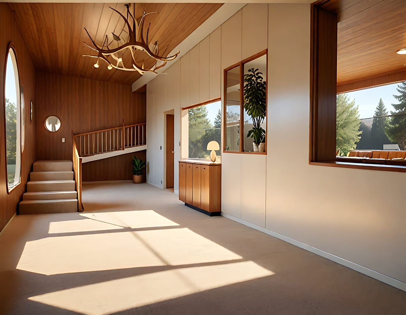 Intérieur lumineux de style moderne du milieu du siècle, avec des boiseries, un escalier et une lumière naturelle abondante entrant par les fenêtres.