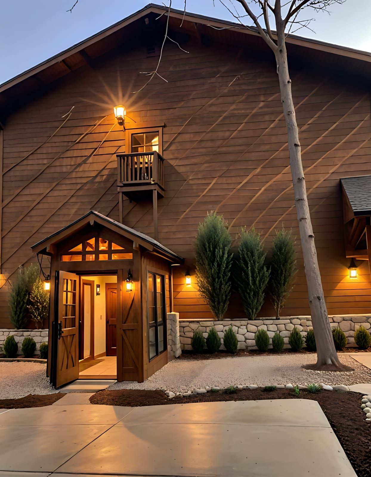 Bâtiment en bois avec porche et balcon éclairés ; ambiance du soir.