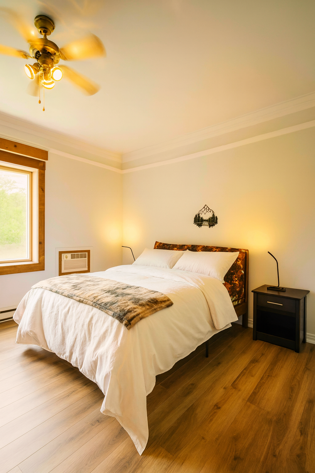 Chambre avec literie blanche, parquet en bois brun, ventilateur de plafond, table de chevet et fenêtre.