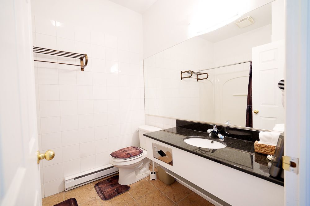Une salle de bains blanche avec toilettes, lavabo, miroir et porte-serviettes. Tapis de sol marron.