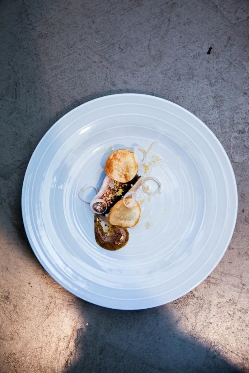 Plat gastronomique sur une assiette blanche : aliments poêlés avec sauce et oignons frits.