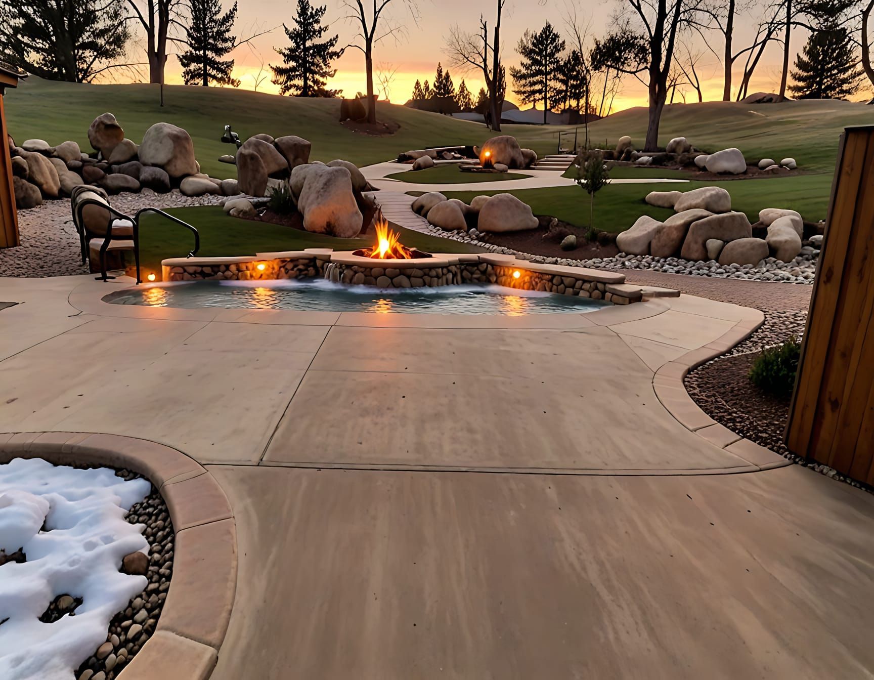 Terrasse extérieure avec piscine éclairée, foyer et rochers, au crépuscule.