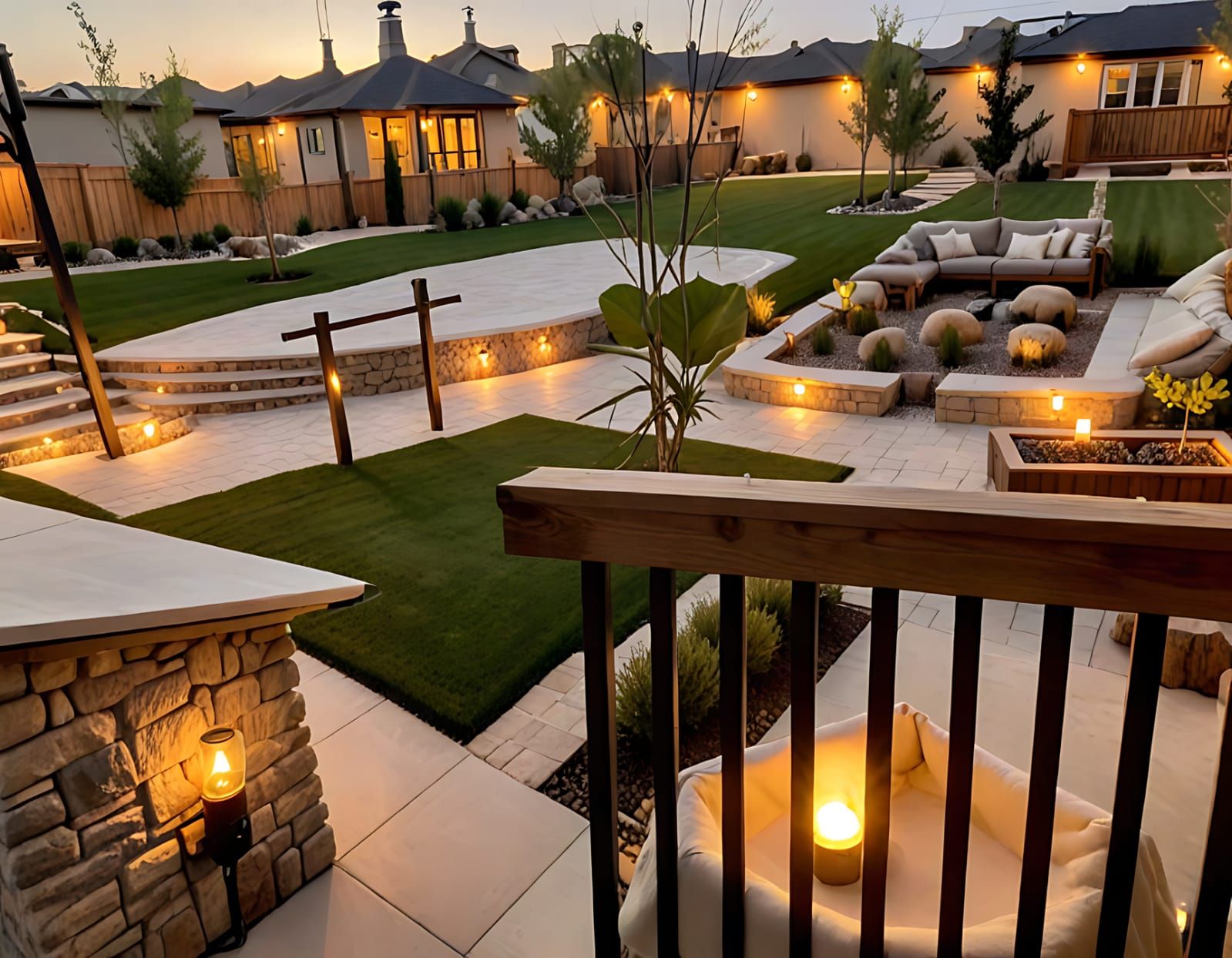 Luxueuse cour arrière avec terrasses étagées, pelouse et espaces de détente, illuminée par un éclairage doux au crépuscule.