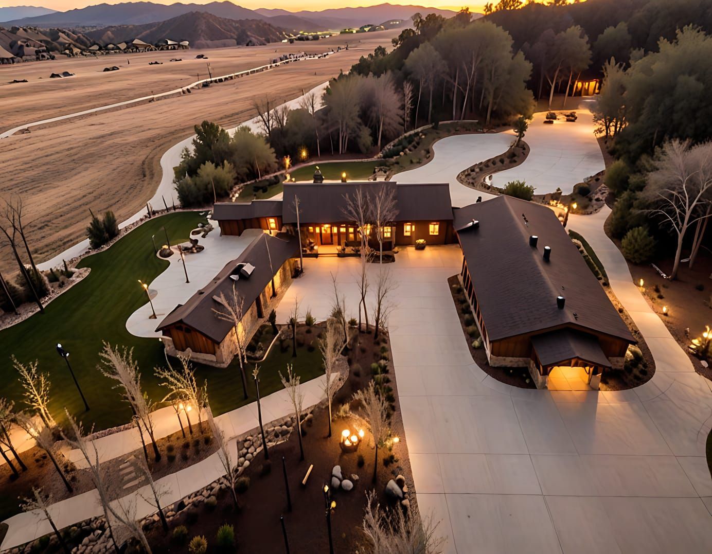 Vue aérienne d'un grand pavillon illuminé, dans un cadre naturel au crépuscule, avec une allée sinueuse et des arbres environnants.