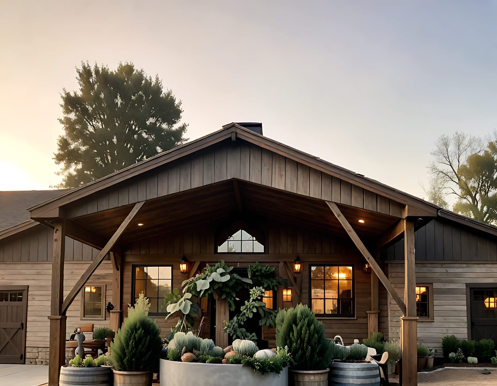 Bâtiment en bois avec entrée couverte, plantes en pot et soleil couchant.