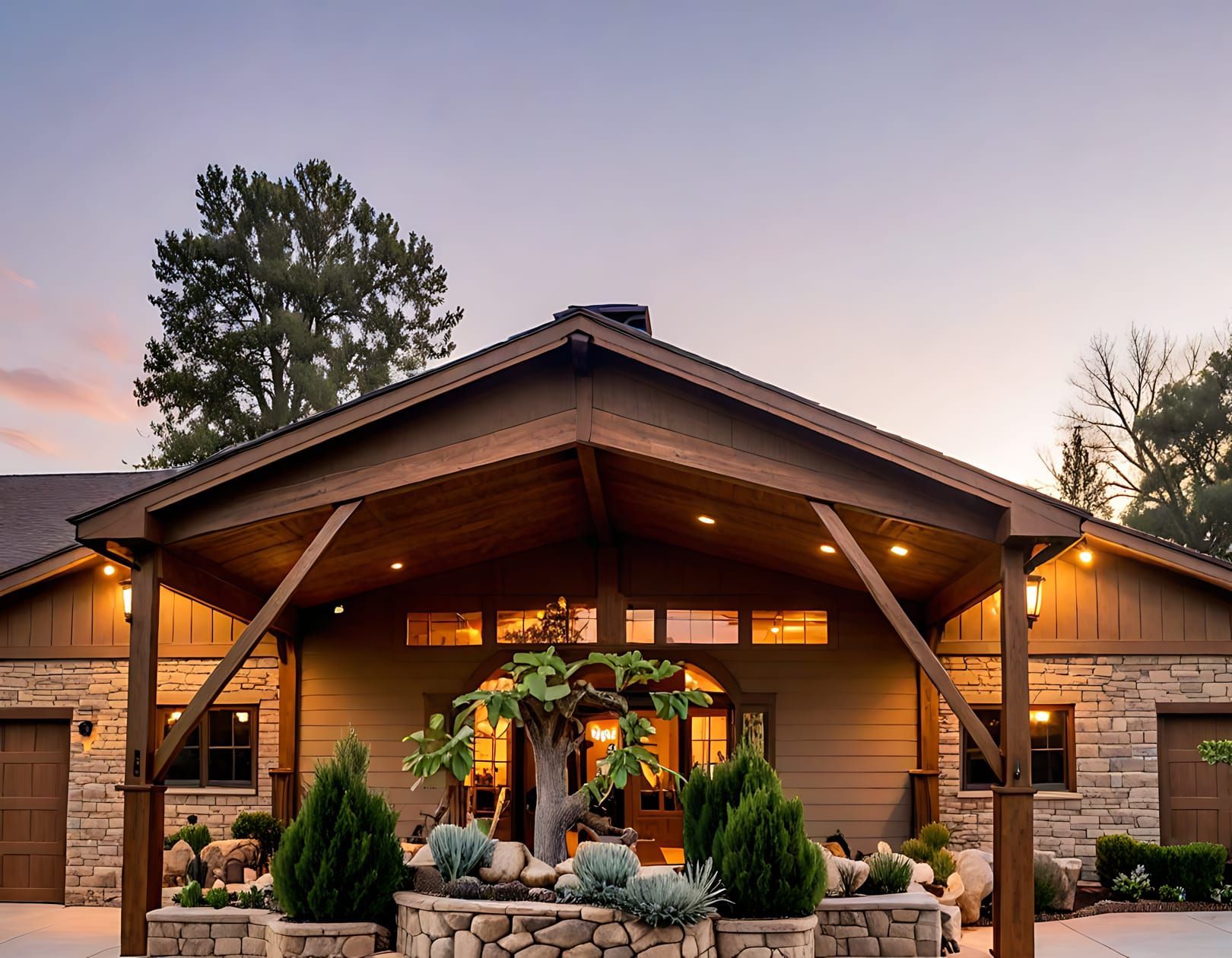 Entrée d'un pavillon en bois brun avec maçonnerie, éclairage et aménagement paysager au coucher du soleil.