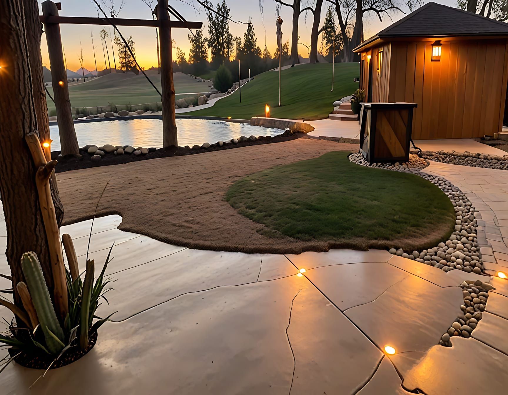 Espace événementiel extérieur avec étang, kiosque, guirlandes lumineuses et terrasse en béton. Ambiance crépusculaire.