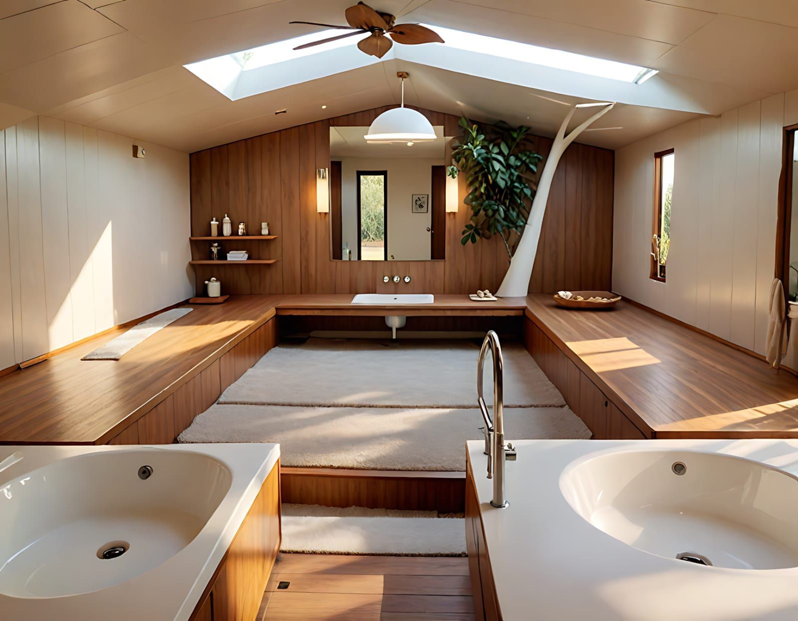 Salle de bains spacieuse avec estrade en bois, puits de lumière, arbre et deux lavabos.