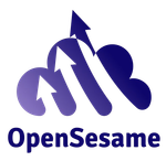 A logo for opensesame with a cloud and an arrow