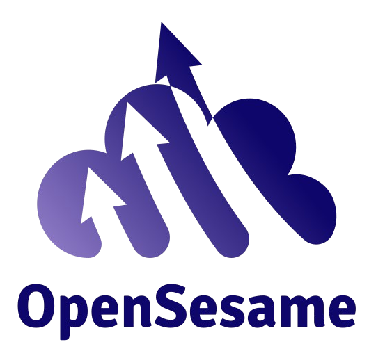 A logo for opensesame with a cloud and an arrow