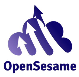 A logo for opensesame with a cloud and an arrow