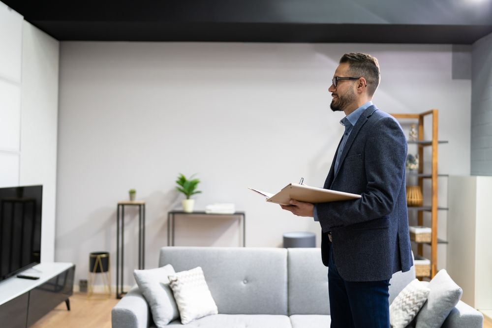 a man is standing in a living room holding a clipboard