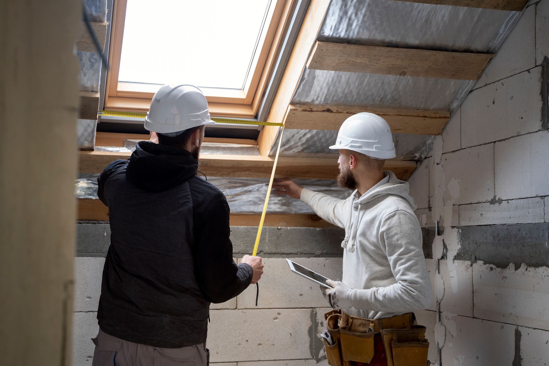 Two construction workers are measuring a ceiling with a tape measure.