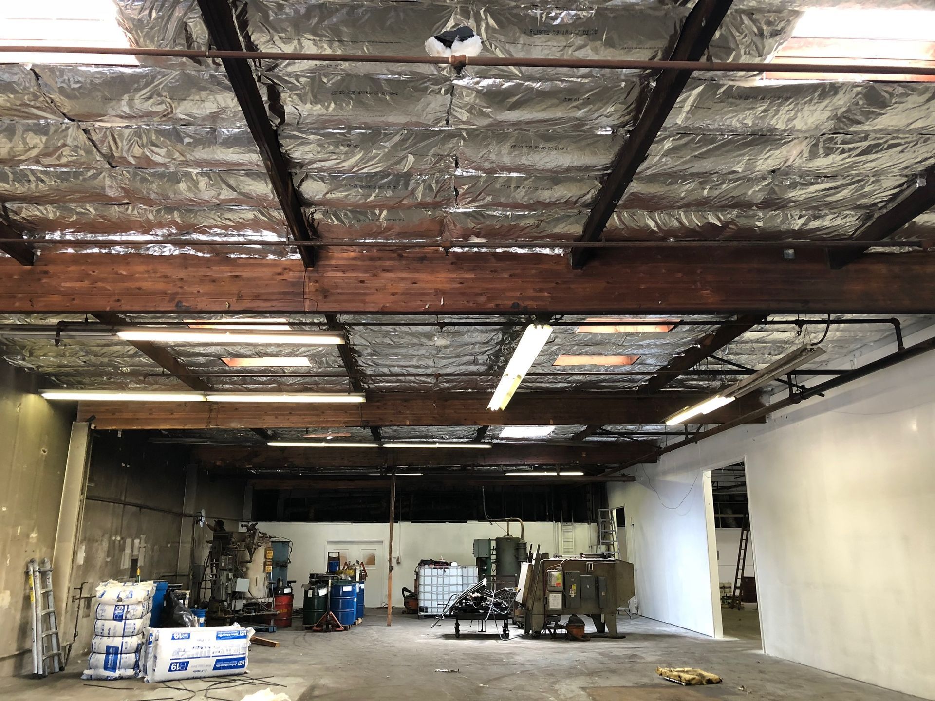 A large warehouse with a lot of lights on the ceiling.