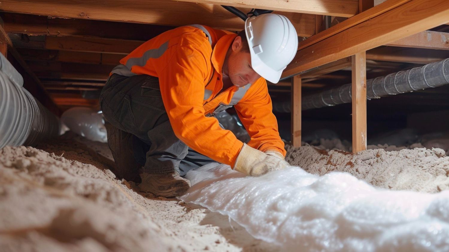 A man is kneeling down in the attic of a house.