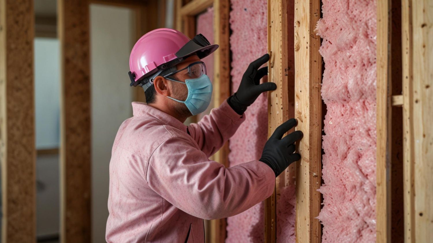 A man wearing a mask and gloves is working on a wall.