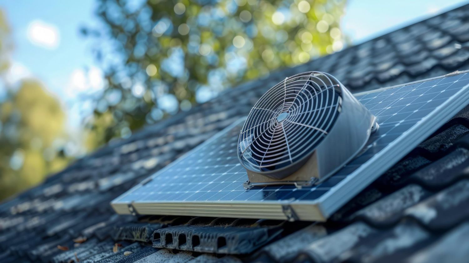 A fan is sitting on top of a solar panel on a roof.